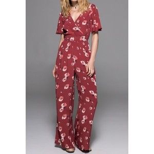 Band Of Gypsies Women's Burgundy Poppy Floral Wide Leg Jumpsuit Size Medium
